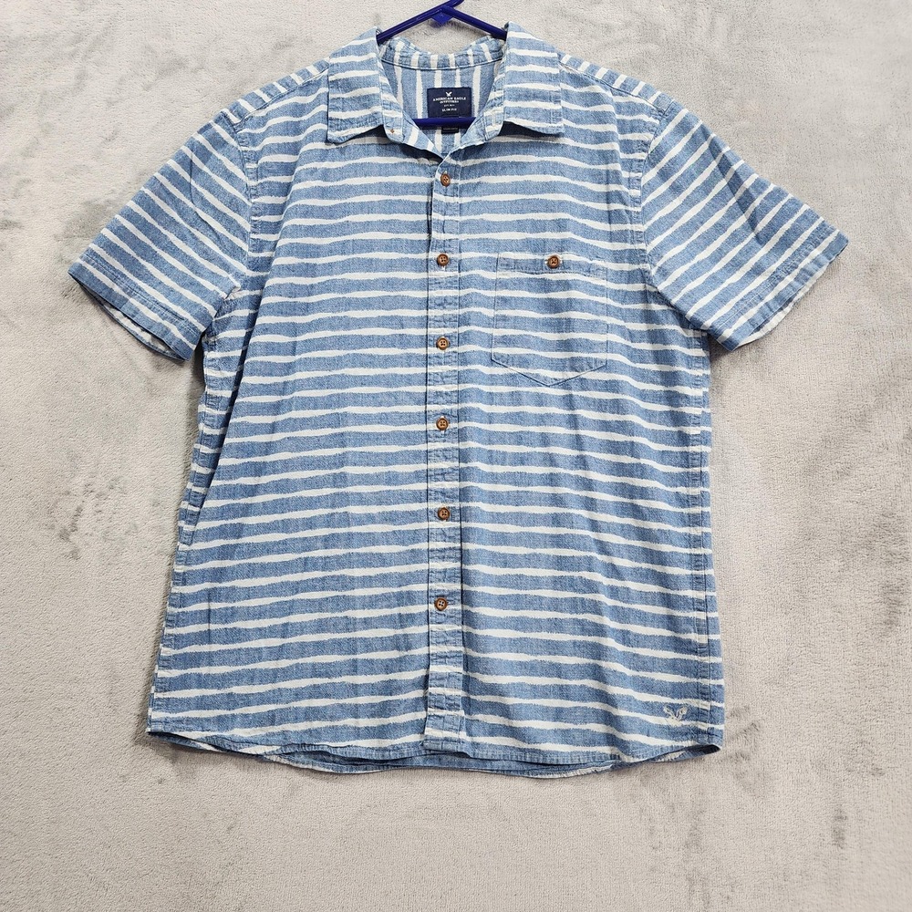 American Eagle Shirt Mens L Blue Striped Chambray Slim Button Front Short Sleeve